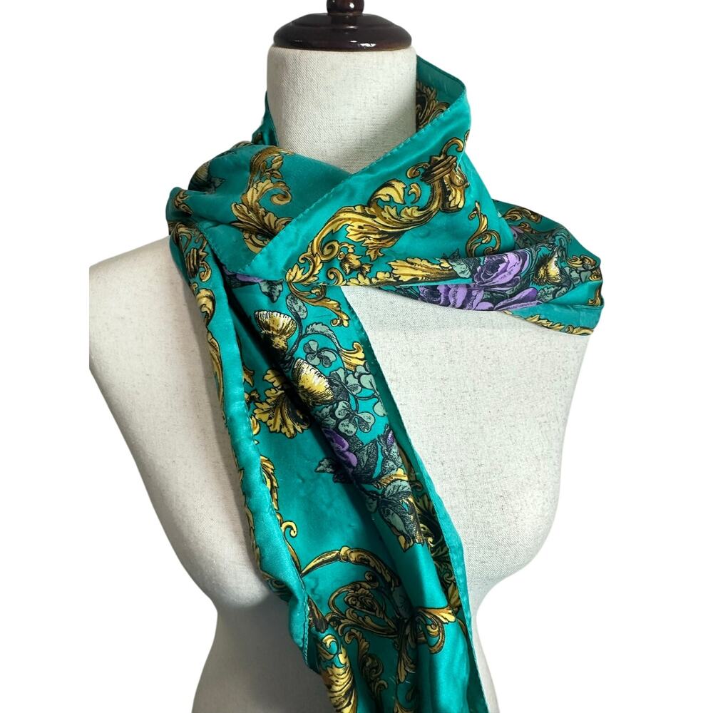 Vintage Berkshire Made In Italy Rectangular turquoise Gold Ornate Scarf 63”x12”
